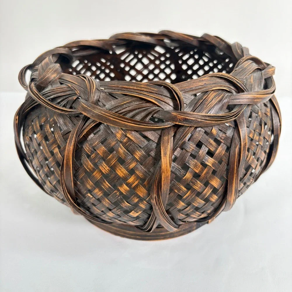 Vintage 80s Woven Bamboo Basket Brown Copper Braided Rim Decorative Bowl
